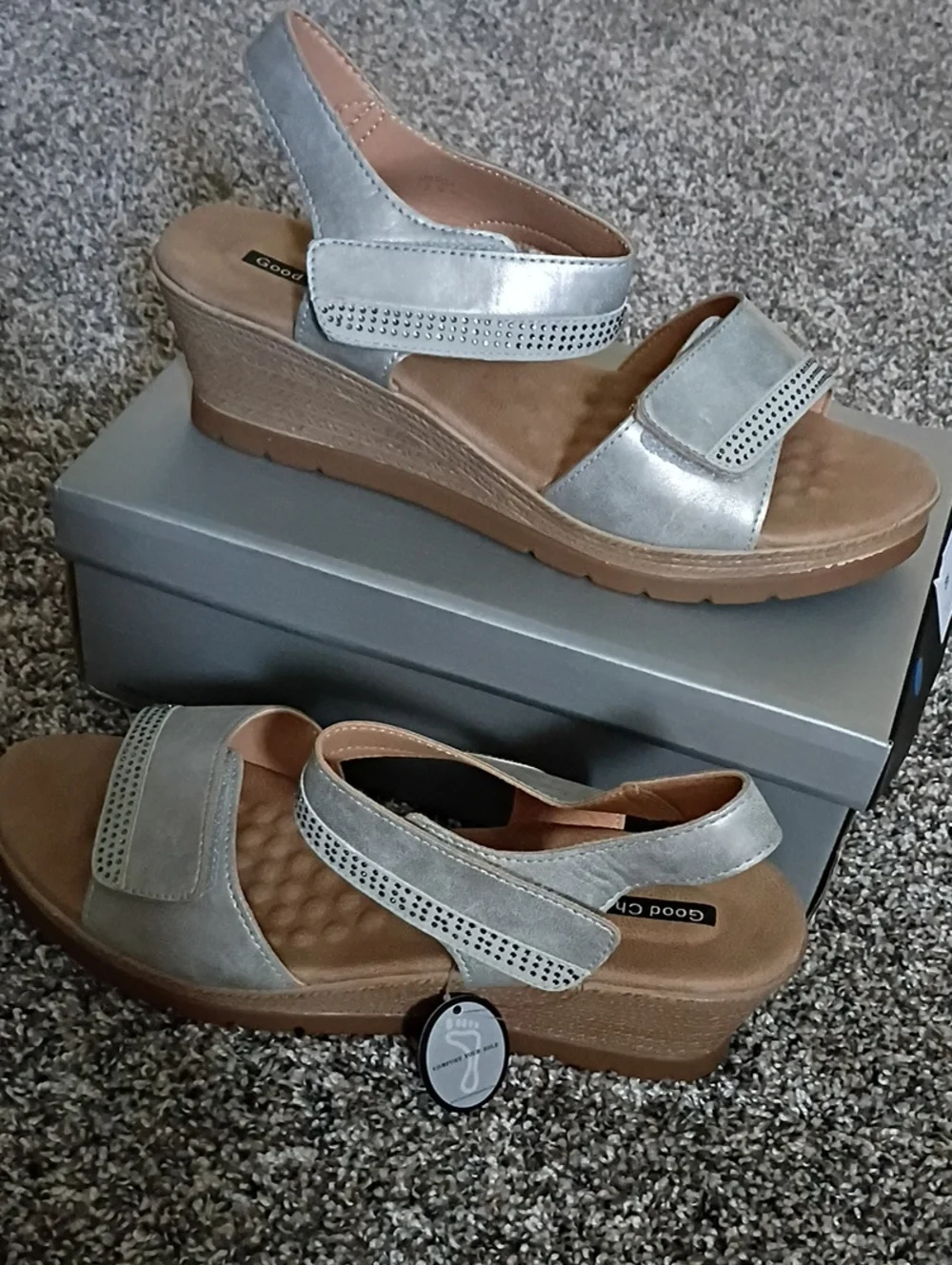 Good Choice Metallic Silver Wedge Sandals with Tan Platform